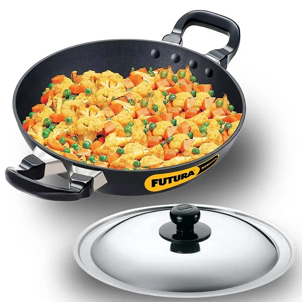 Futura Nonstick Kadhai Round Bottom with Stainless Steel Lid 1.5L | Deep Fry Pan | NK15S