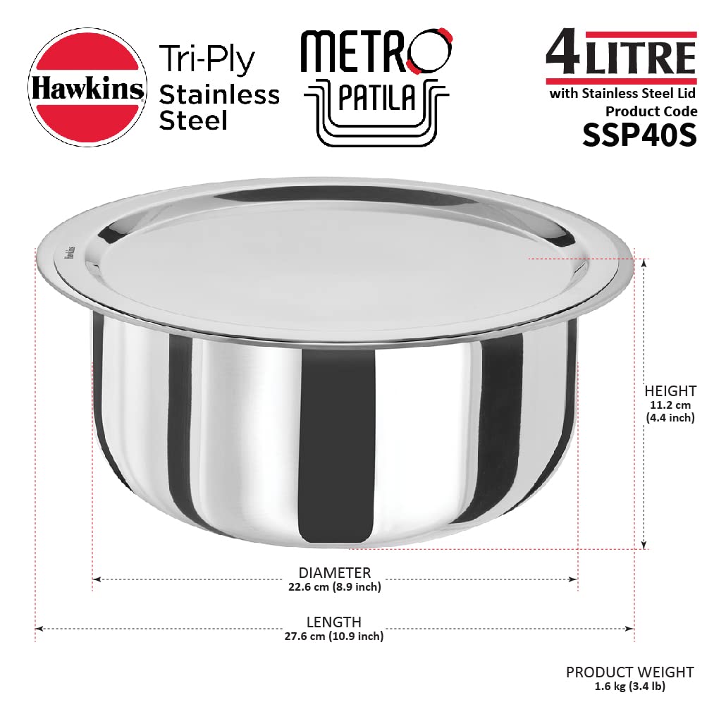 Hawkins Tri-Ply Stainless Steel Metro Patila with Stainless Steel Lid 4L | SSP40S