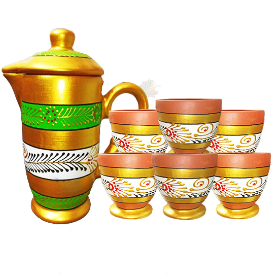 Clay Jug with Glass Set Painted ( 1pc Jug, 6pc Glass)